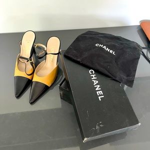 Chanel leather pumps with ankle straps.